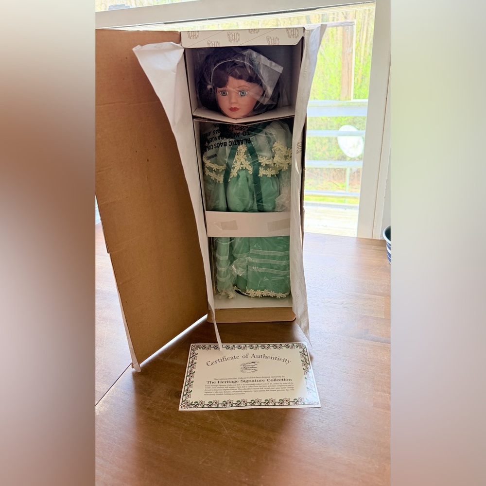 Green Lace Trim Porcelain Doll with Certificate